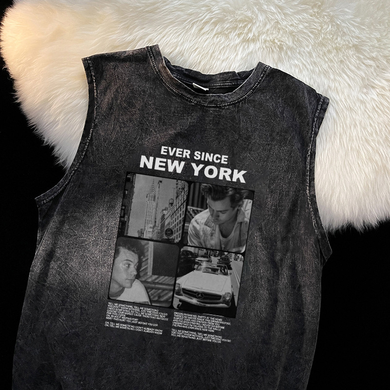 American vest men's sleeveless T-shirt loose  new summer shoulder retro trendy brand round neck men