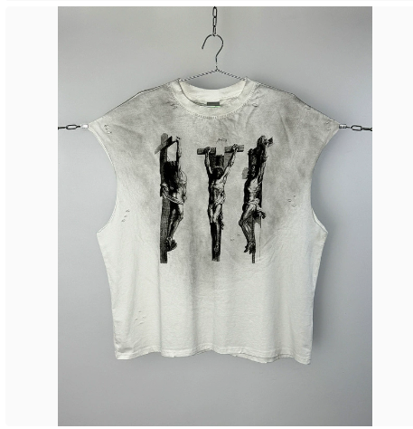 New High Street Washed Used Washed Camback Vest Men's American Street Trendy Retro Printed Half Sleeve Vest