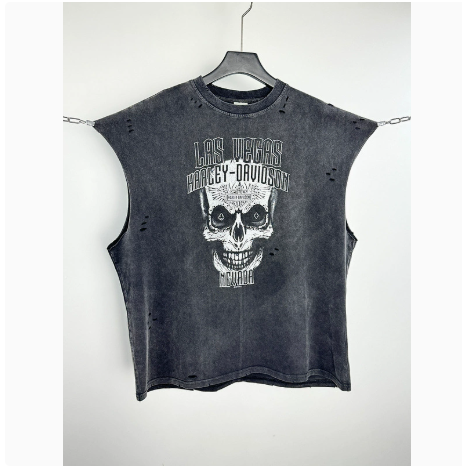 New High Street Washed Used Washed Camback Vest Men's American Street Trendy Retro Printed Half Sleeve Vest