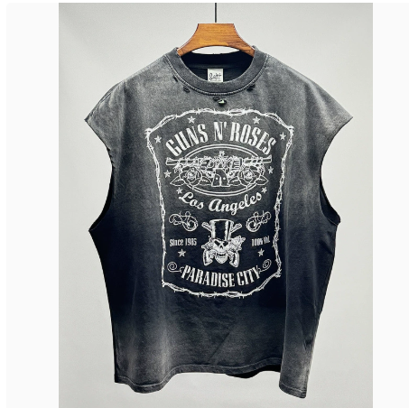 New High Street Washed Used Washed Camback Vest Men's American Street Trendy Retro Printed Half Sleeve Vest