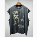New High Street Washed Used Washed Camback Vest Men's American Street Trendy Retro Printed Half Sleeve Vest