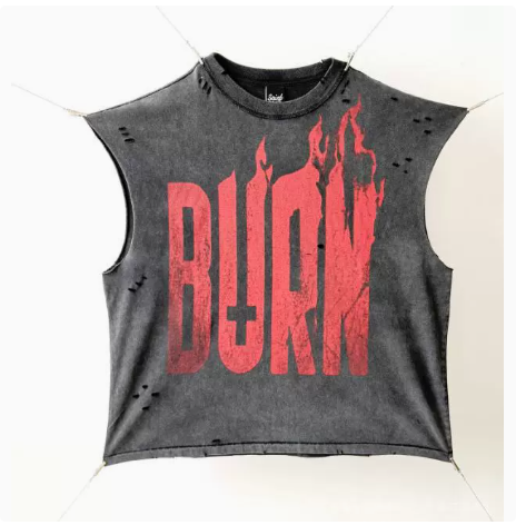 New High Street Washed Used Washed Camback Vest Men's American Street Trendy Retro Printed Half Sleeve Vest