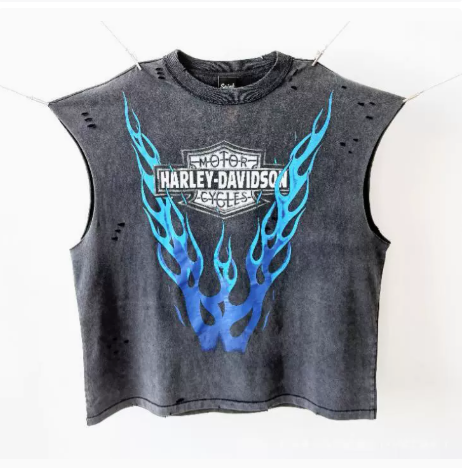 New High Street Washed Used Washed Camback Vest Men's American Street Trendy Retro Printed Half Sleeve Vest