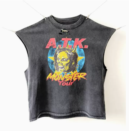 New High Street Washed Used Washed Camback Vest Men's American Street Trendy Retro Printed Half Sleeve Vest