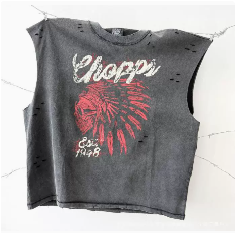 New High Street Washed Used Washed Camback Vest Men's American Street Trendy Retro Printed Half Sleeve Vest