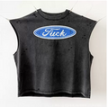 New High Street Washed Used Washed Camback Vest Men's American Street Trendy Retro Printed Half Sleeve Vest