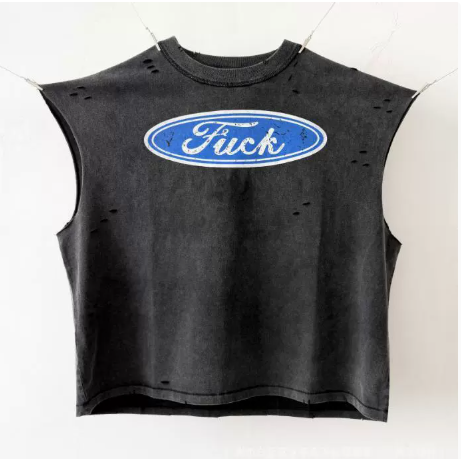 New High Street Washed Used Washed Camback Vest Men's American Street Trendy Retro Printed Half Sleeve Vest