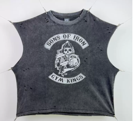 New High Street Washed Used Washed Camback Vest Men's American Street Trendy Retro Printed Half Sleeve Vest