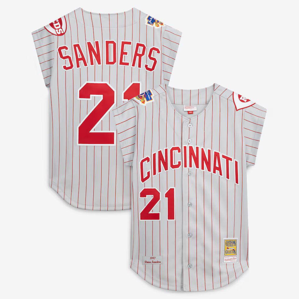 Men C.Reds #21 Deion Sanders Mitchell & Ness Gray 1997 Authentic Jersey Size Women Youth