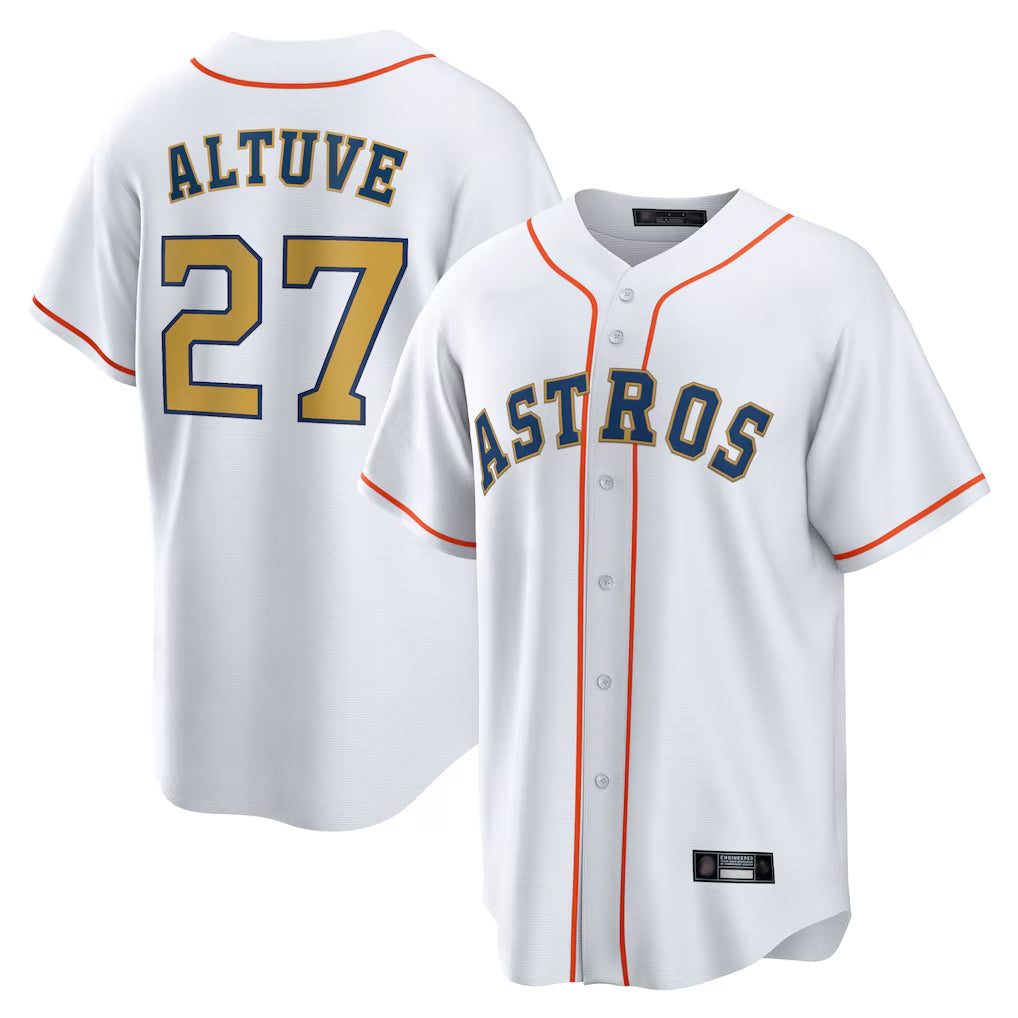 Minshop H.Astros #27 Jose Altuve Player White Gold Collection Game Home Stitched Jerseys