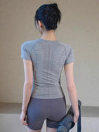 Yoga wear sports short-sleeved top, running quick-drying T-shirt, women's one-piece knitted summer style training and fitness clothing
