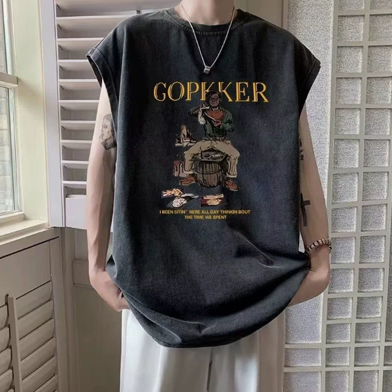 Summer retro new washed and worn vest for men, European and American loose and trendy brand, rugged and handsome, sleeveless shoulder shirt
